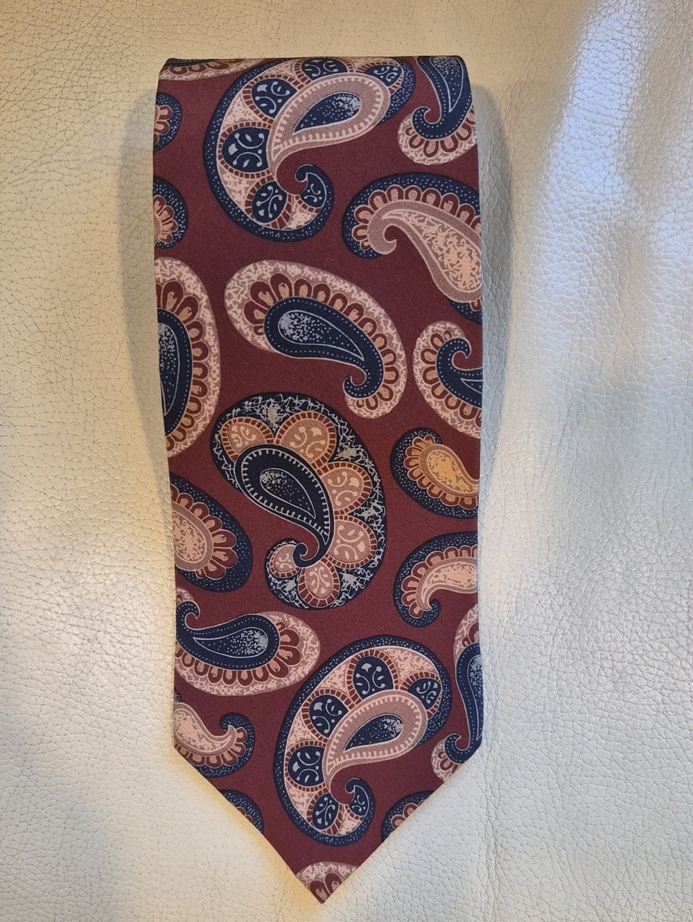 Vintage Burberrys Of London Burgundy Paisley Silk Tie with Navy and Cream Accent